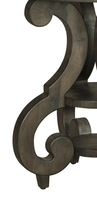 Bellamy 22\" Traditional Round End Table with Shelf - Dark Brown Pine with Scroll Design Wood Base