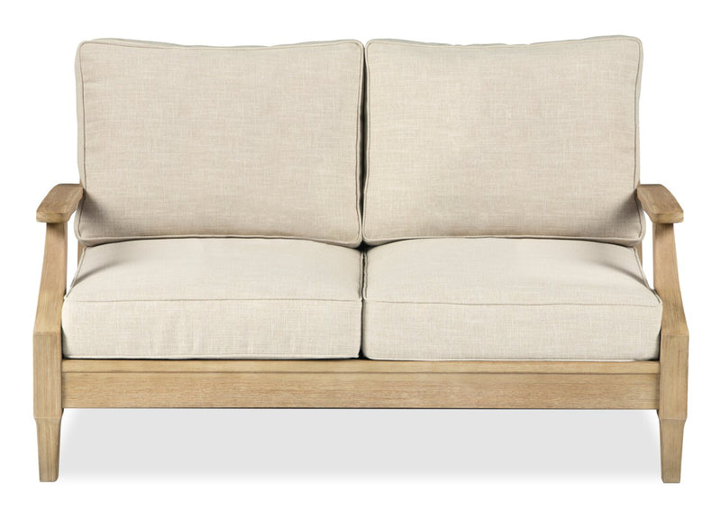 Juno Outdoor Patio Loveseat - Eucalyptus Wood & Nuvella Fabric, UV & Weather Resistant - Natural/Beige