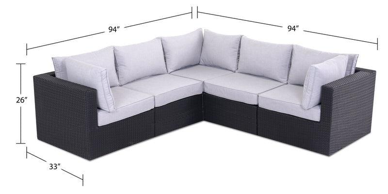 Minnesota 5-Piece Outdoor Patio Set with 3 Corner Chairs & 2 Armless Chairs - Hand-Woven Resin Wicker, Olefin Fabric, UV & Weather Resistant - Grey