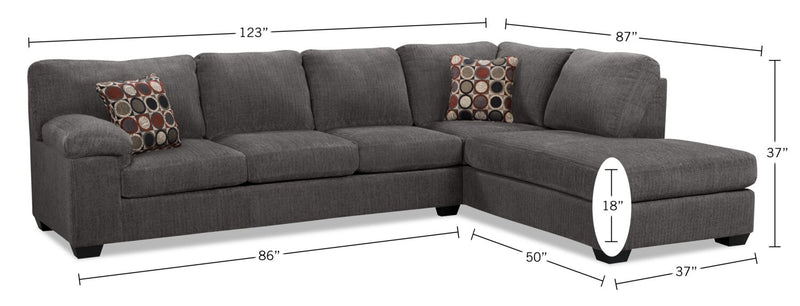 Made in Canada Morty 2-Piece Right-Facing Chenille Fabric Sectional with Sofa and Accent Pillows - Grey