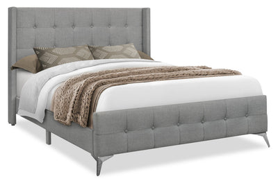 Zara Upholstered Bed in Grey Linen-Look Fabric - Button Tufted - Queen Size | Lit rembourré Zara en tissu d’apparence lin gris avec capitonnage à boutons - format grand lit