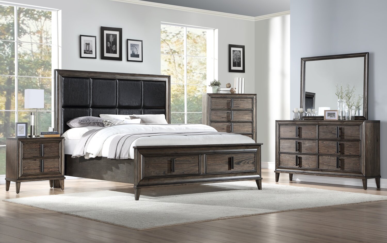 Kane 5pc Bedroom Set with Storage Bed Dresser Mirror Vegan Leat. The Brick