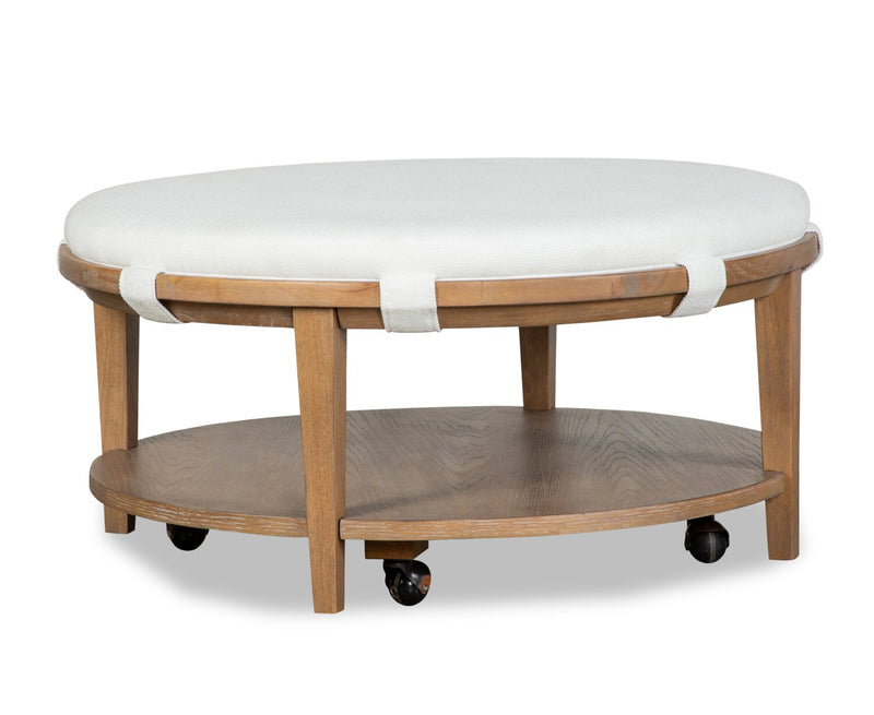 Rhett 38\" Modern Round Coffee Table with Shelf and Casters - Light Brown Wood with White Cushion