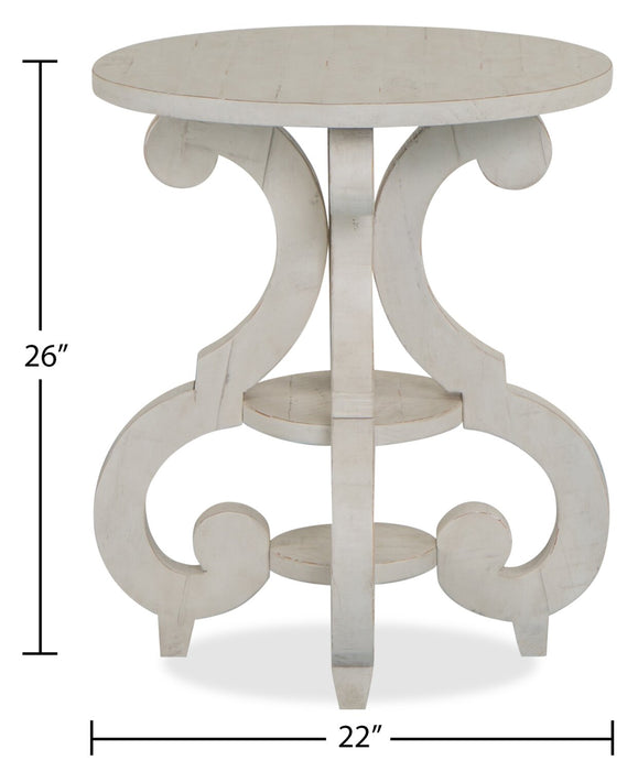 Bronwyn 22\" Traditional Round End Table with Shelf - Alabaster Pine with Scroll Design Wood Base