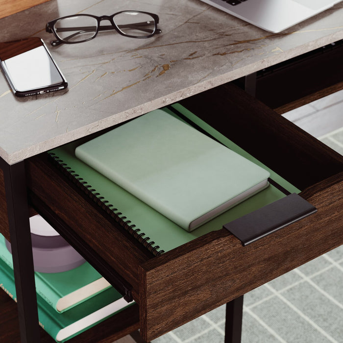 Maxim 65.98\" L-Shaped Office Desk with 2-Drawers, Cubbyholes & Shelves - Umber Wood