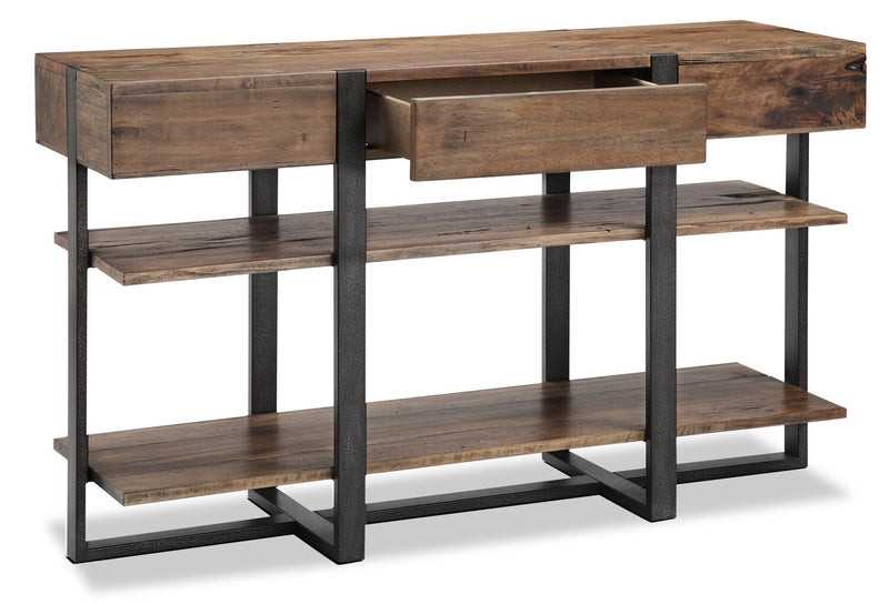 Manchester 54\" Modern Sofa Table with Storage and Shelf - Brown Wood with Iron Base