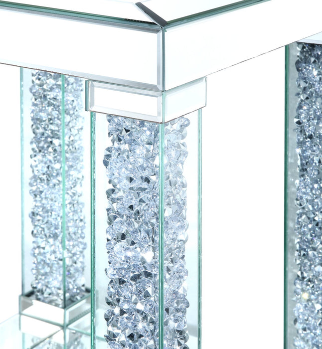 Berni 18\" Glam Mirror & Glass Top End Table with Shelf - Silver Metal with Diamond Look Legs