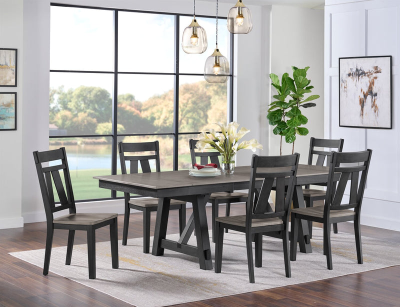 Zao Dining Table with 66-94\"W Extension, Melamine, Trestle Base - Brown