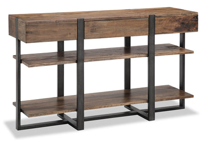 Manchester 54" Modern Sofa Table with Storage and Shelf - Brown Wood with Iron Base|Table de salon moderne Manchester de 54 po avec rangement et tablette - bois brun avec base en fer