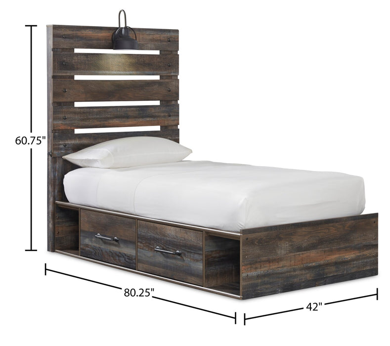 Abby 5pc Bedroom Set with Side Storage Bed, Dresser & Mirror for Kids, LED, USB, Brown - Twin Size