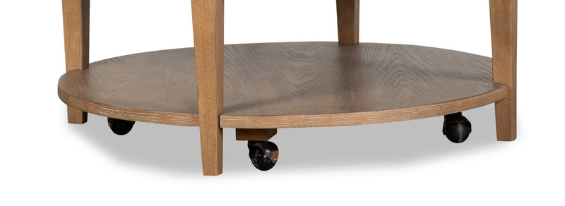 Rhett 38\" Modern Round Coffee Table with Shelf and Casters - Light Brown Wood with White Cushion