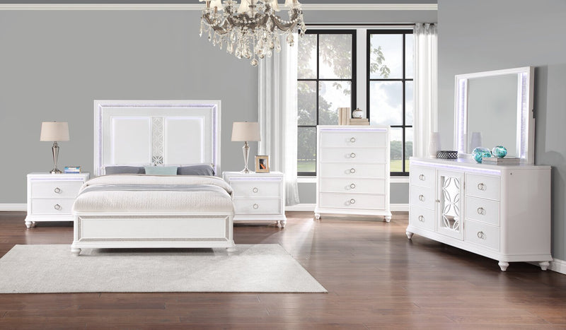 Ava Panel Bed with Headboard & Frame, LED, Glam, White - Queen Size