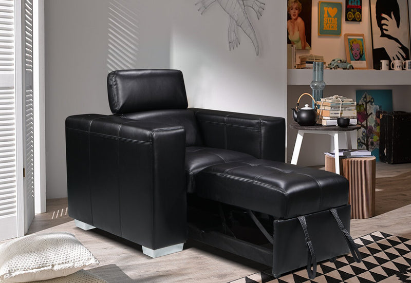 Drake 41.5\" Leather-Look Fabric Chair with Pull-Out Ottoman and Flip-Up Headrest - Black