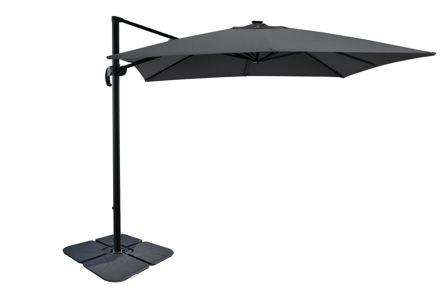 le conte patio umbrella Solar Cantilevered Patio Umbrella with Base - 137"W x 84"H, Steel,