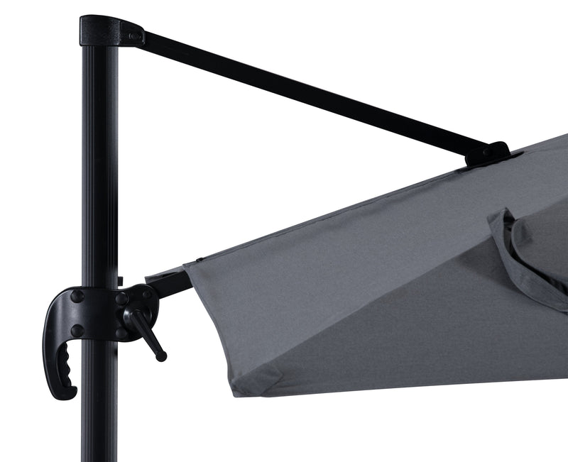 Solar Cantilevered Patio Umbrella with Base - 137\"W x 84\"H, Steel, Hand Crank, Water/Sand Fill Attachable Base, Built-in LED Lights - Grey