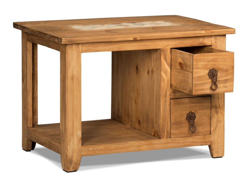Santa Fe Rustico 27.5\" Rustic End Table with Storage and Shelf - Natural Pine with Marble Inset