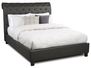 Tulsa Upholstered Platform Bed in Grey Vegan-Leather Fabric, Button Tufted - Queen Size