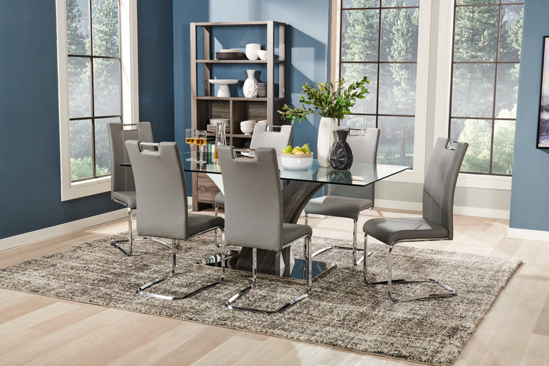Tuxedo 7pc Dining Set with Table & 6 Chairs, Glass Top, Pedestal Base, 72\"W - Grey