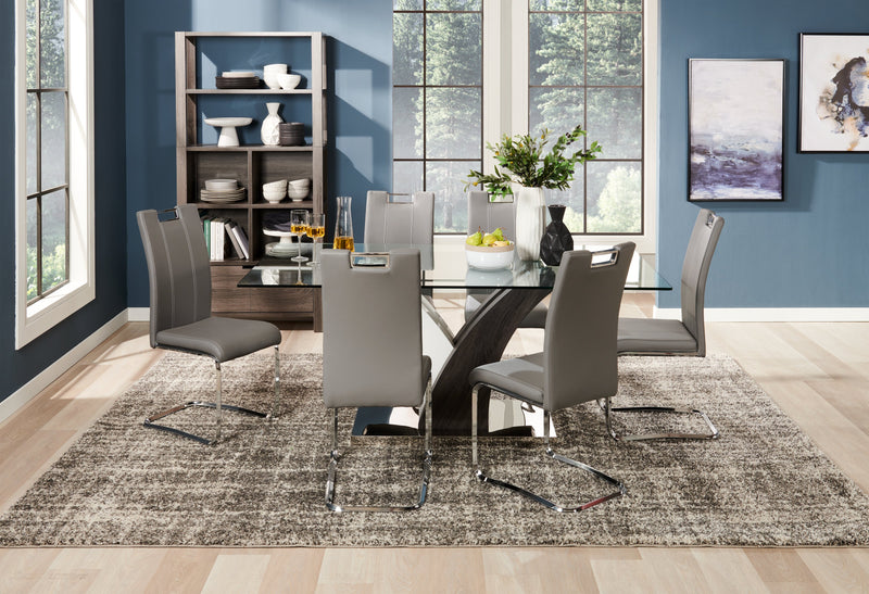 Tuxedo 7pc Dining Set with Table & 6 Chairs, Glass Top, Pedestal Base, 72\"W - Grey