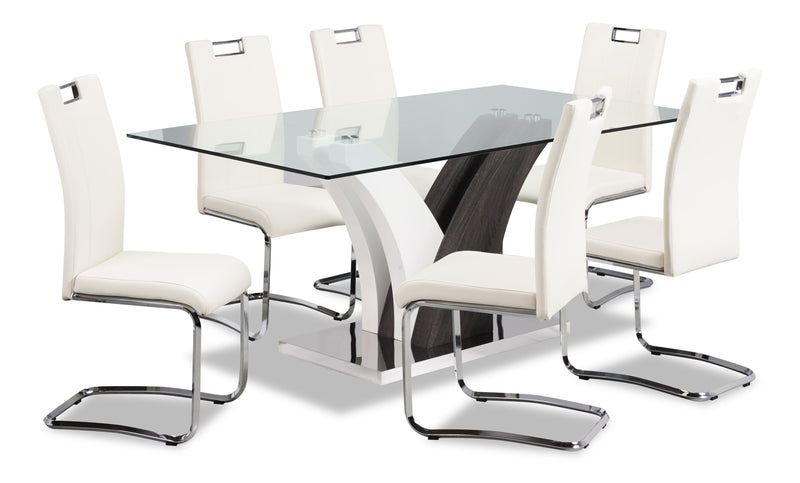 Tuxedo 7pc Dining Set with Table & 6 Chairs, Glass Top, Pedestal Base, 72\"W - White
