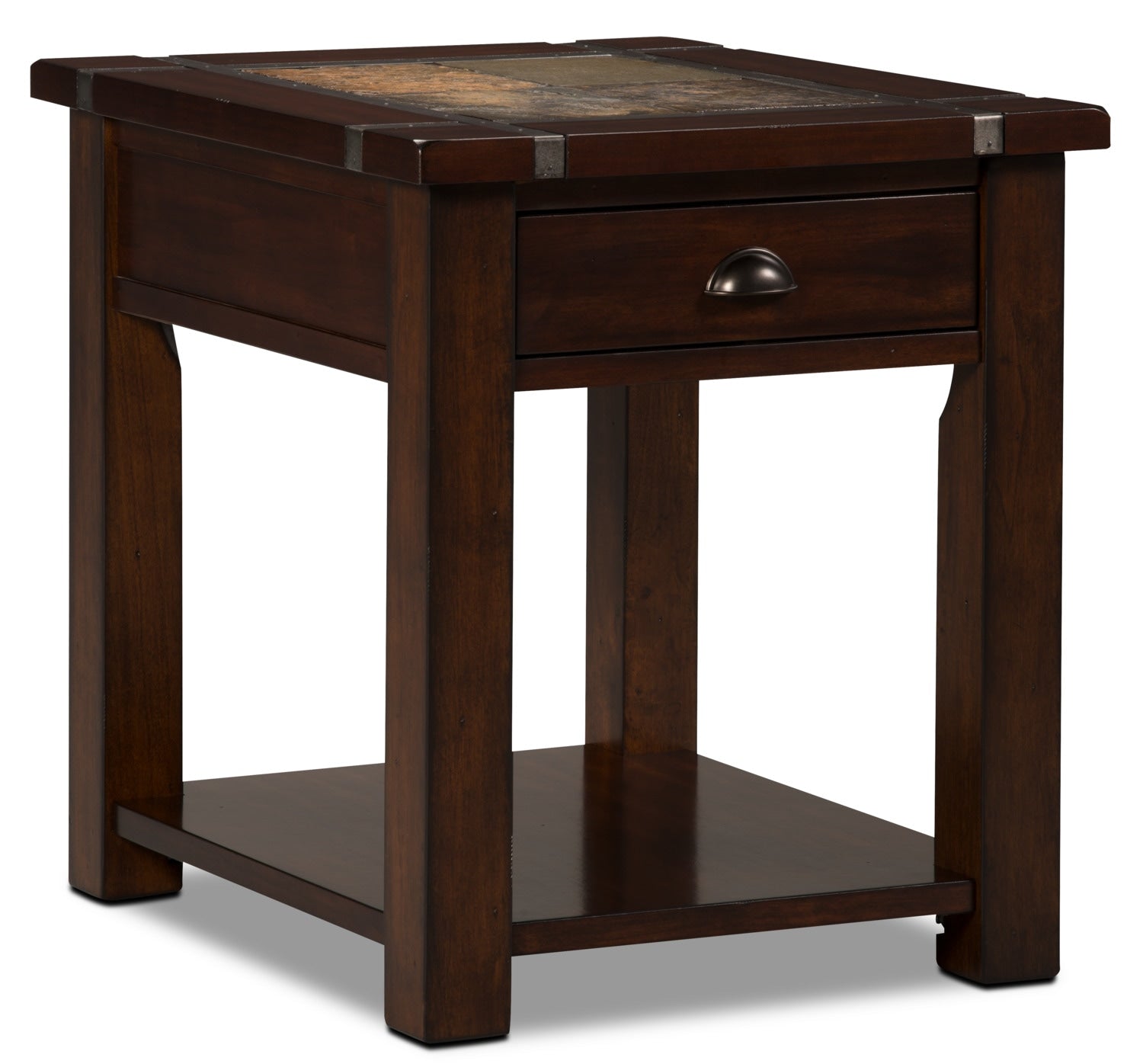 Roanoke 22 Rustic End Table with Storage and Shelf Dark Cherry Wood and Slate Inlay