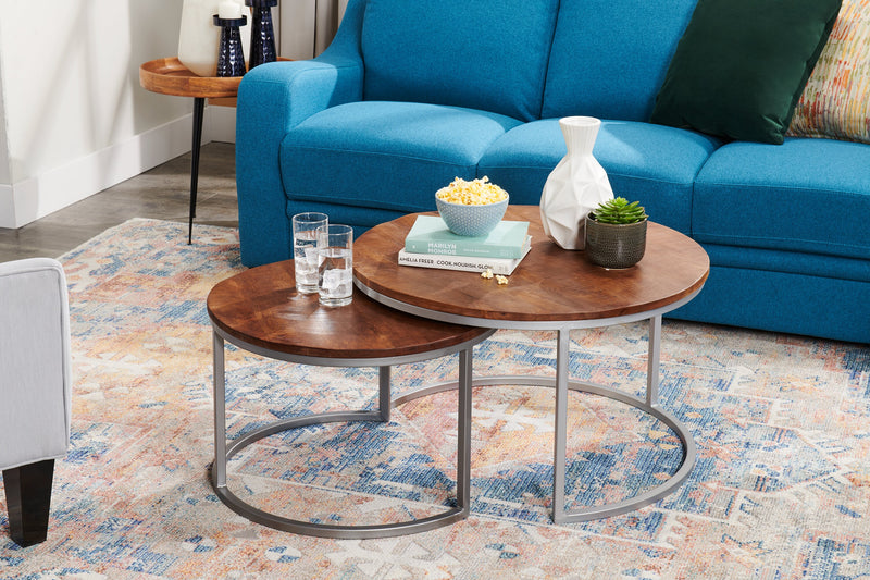Veranasi 30\" Rustic Round Nesting Coffee Tables - Washed Light Brown Wood Top and Iron Legs