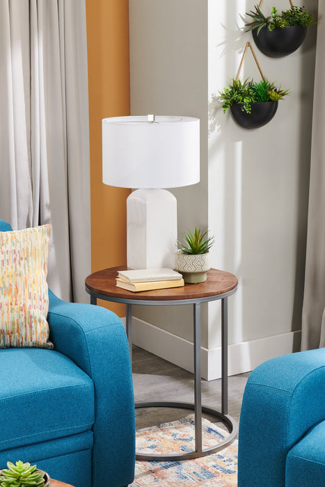 Veranasi 24\" Rustic Round End Table - Washed Light Brown Wood Top and Iron Legs