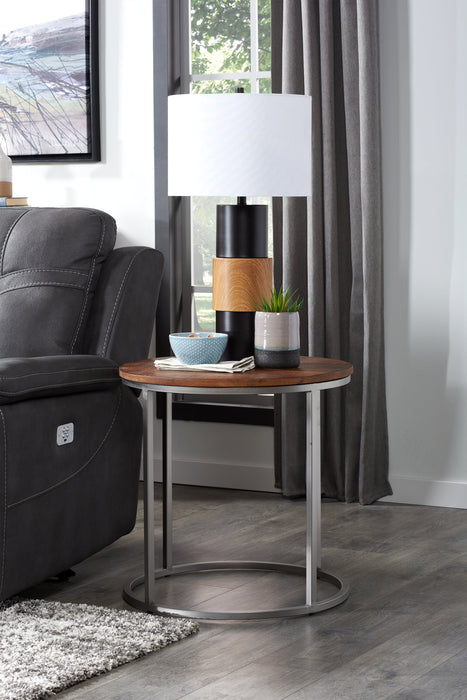 Veranasi 24\" Rustic Round End Table - Washed Light Brown Wood Top and Iron Legs