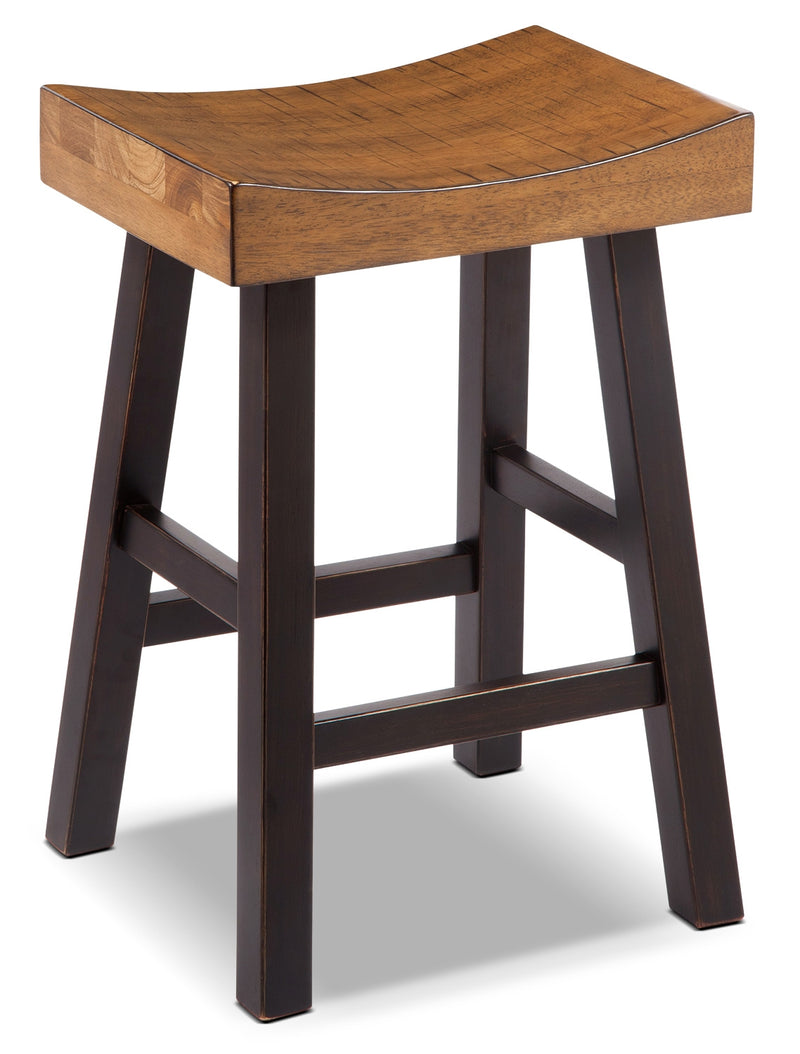 Glosco 24" Saddle-Seat Bar Stool - Rustic style Bar Stool in Two-Toned Hardwood Solids and Veneers
