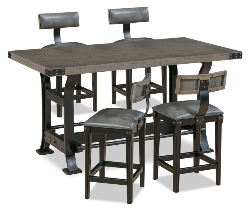 Ironworks 5-Piece Counter-Height Dining Package - Industrial style Dining Room Set in Grey Rubberwood Solids and Metal