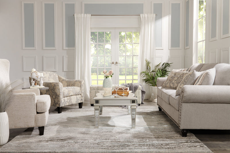 Made in Canada Wynn 93\" Chenille Fabric Sofa with Nailhead Trim and Wood Bun Legs - Grey