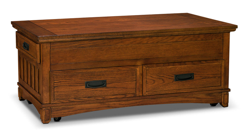 Cross Island Coffee Table with Lift Top and Casters - Brown Oak